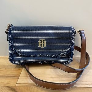 Tommy Hilfiger TH Flap Distressed Denim Crossbody Bag with Brown Strap
